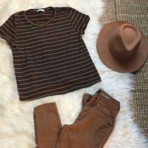 Brown, yellow, and burgundy striped T-shirt